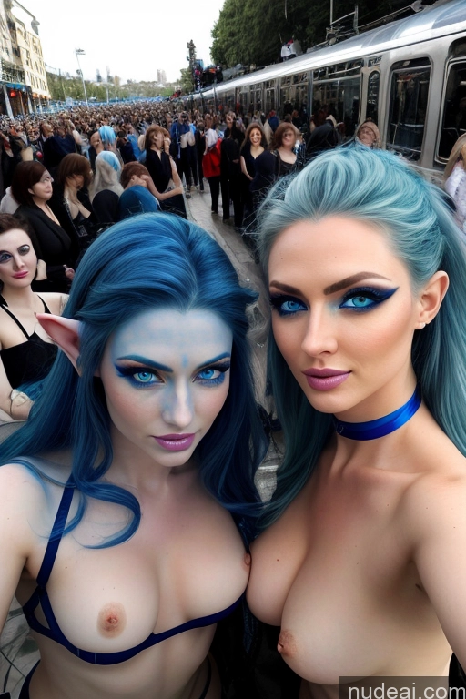 ai nude image of two women with blue hair posing for a picture in front of a crowd pics of Deep Blue Eyes Rainbow Haired Girl Two Several Train