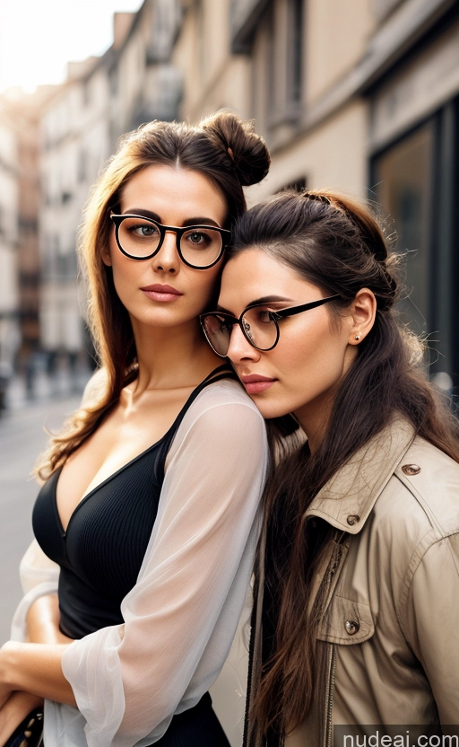 ai nude image of two women in glasses are standing on a city street pics of Short Long Hair Glasses Sexy Face Brunette Hair Bun 3d Detailed Nude