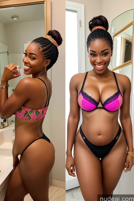 ai nude image of there is a woman in a bikini posing in a bathroom pics of Perfect Boobs 18 Hair Bun Miss Universe Model Bimbo African Nigerian Dark Skin Big Hips Short Hair Pink Hair Happy Pregnant Pantyhose Bathroom Mirror Selfie Topless Side View Detailed Bright Lighting