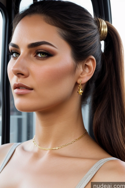 ai nude image of a close up of a woman with a ponytail wearing a necklace and earrings pics of Woman One Perfect Boobs 18 Sad Brunette Pigtails Arabic Dark Fantasy Bus Front View Cumshot Nude Gold Jewelry Detailed