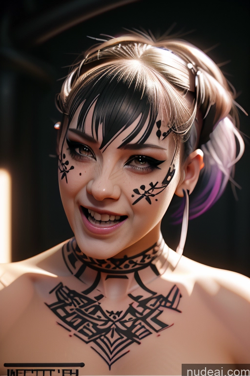 ai nude image of there is a woman with a tattoo on her chest and a choker pics of Laughing Rainbow Haired Girl Greek Close-up View Bra Pull Down Nude Gothic Punk Girl Huge Boobs Crop Shirt Underboob Tattoos Big Ass POV Focus Sex