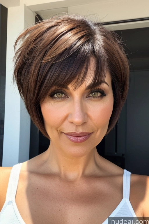 ai nude image of arafed woman with a short brown hair and a white tank top pics of Milf One Big Ass Thick Short Hair 50s Brunette Bobcut Bangs Latina Fishnet