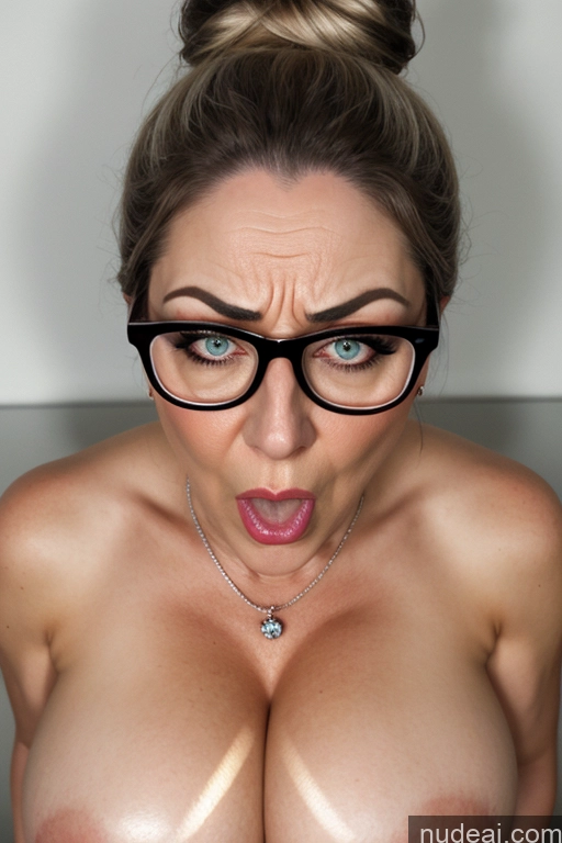 ai nude image of arafed woman with glasses making a funny face with her big tits pics of White Hair Big Hips Big Ass Busty 70s Pubic Hair Nude German Milf Pearl Jewelry Thick Ass Grab From Behind Angry Serious Hair Bun