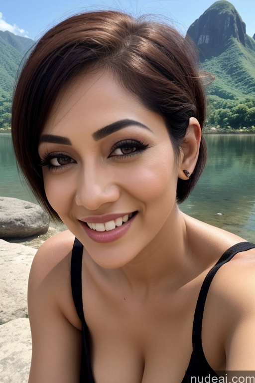 ai nude image of smiling woman in black top posing for a selfie by the water pics of Traditional Jungle Fairer Skin Straight Mountains Lake Black Hair Indonesian Woman Indian Pubic Hair Small Tits Hair Bun Polynesian Seductive Sexy Face Happy 50s Sari Painting Short Hair