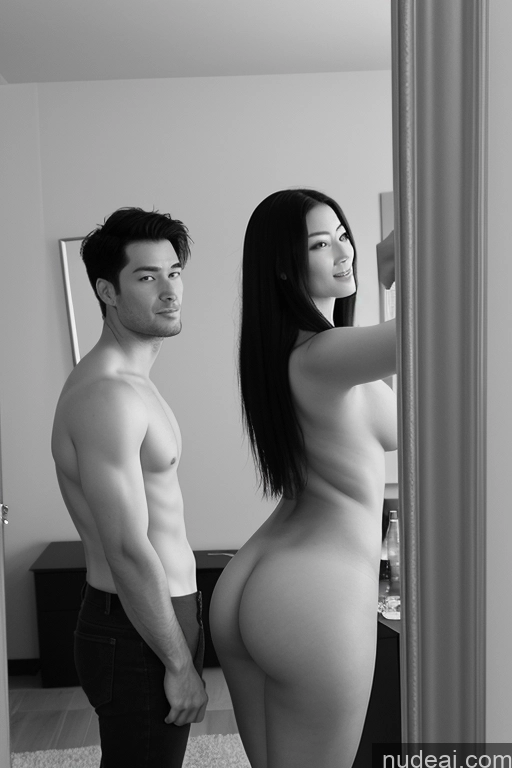 ai nude image of arafed woman standing next to a man in a bathroom pics of Two 20s Orgasm Black Hair Messy Asian Mirror Selfie Bedroom Back View Front View Nude Detailed Woman + Man