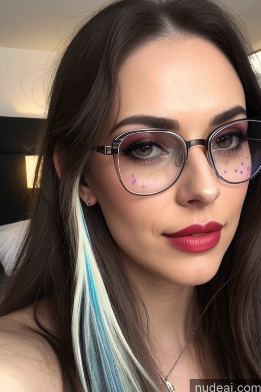 ai nude image of arafed woman with blue hair and glasses posing for a picture pics of Woman One Huge Boobs Glasses Lipstick Big Ass Tall Long Hair 18 Seductive Brunette Bangs Greek Bedroom Side View Front View Spreading Legs Nude