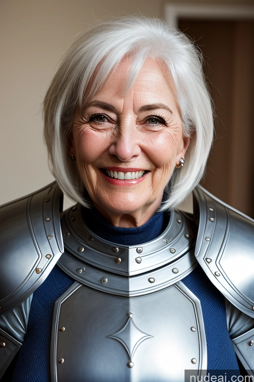 ai nude image of smiling woman in armor with a blue top and silver jacket pics of 70s 80s Italian British Abandoned-background Milf Illustration Detailed Cleavage Paladin Fashion White Hair Blue Hair Happy Jewelry