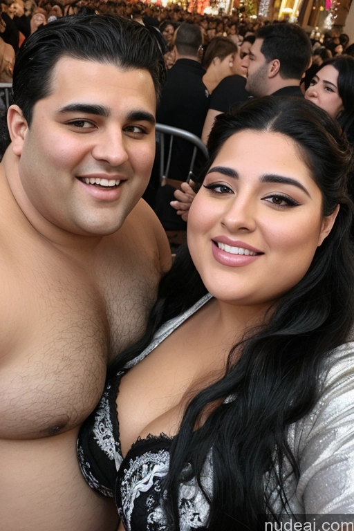 ai nude image of there is a man and woman posing for a picture in a crowd pics of Happy Big Ass Long Hair Busty Short 20s Front View Straight One Fat Arabic Close-up View Egyptian Illustration Laughing Black Hair Middle Eastern Side View Bra Corset Woman + Man Two Bikini