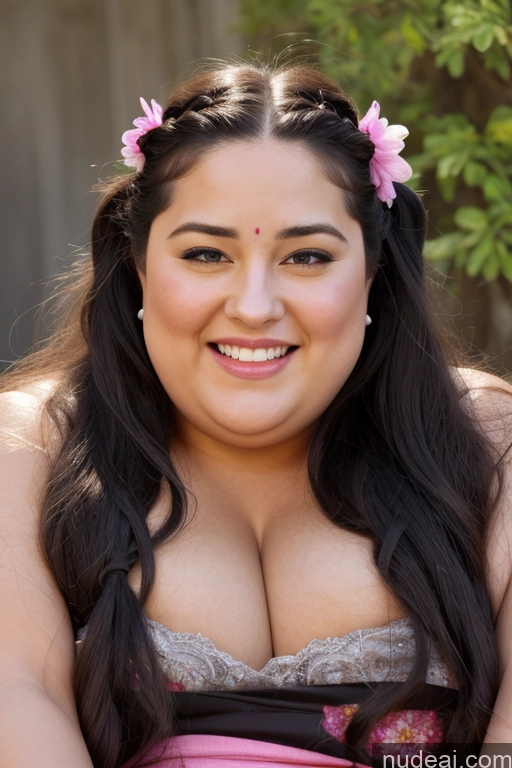 ai nude image of there is a woman with a pink dress and a flower in her hair pics of Happy Big Ass Long Hair Busty Short 20s Front View Straight Fat Close-up View Laughing Black Hair Huge Boobs Blowjob Cumshot Spreading Legs