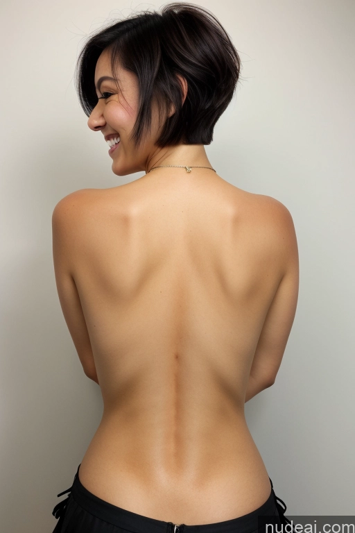 ai nude image of arafed woman with a very small back tattoo posing for a picture pics of Small Tits Small Ass Skinny Fairer Skin 20s Black Hair Happy Model Short Hair Filipina Micro Skirt Messy One Close-up View