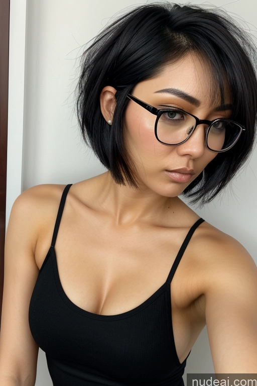 ai nude image of there is a woman with glasses and a black top posing for a picture pics of Small Tits Small Ass Skinny Fairer Skin 20s Black Hair Model Short Hair Filipina Micro Skirt Messy One Close-up View Serious