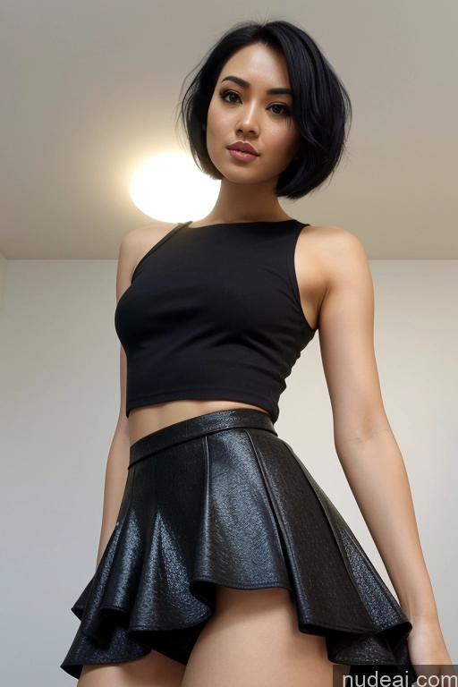 ai nude image of there is a woman in a black top and a black skirt pics of Small Tits Small Ass Skinny Fairer Skin 20s Black Hair Model Short Hair Filipina Micro Skirt Messy One Close-up View Sexy Face