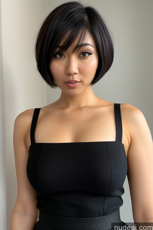 ai nude image of there is a woman that is posing for a picture in a black dress pics of Small Tits Small Ass Skinny Fairer Skin 20s Black Hair Model Short Hair Filipina Micro Skirt Messy One Close-up View Shocked