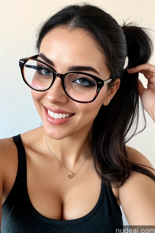 ai nude image of there is a woman with glasses smiling and holding her hair up pics of Woman One Beautiful Tall 20s Happy Black Hair Front View Restaurant Indian Ponytail Glasses Mirror Selfie Skin Detail (beta) Pajamas Tank Top Fairer Skin Perfect Boobs