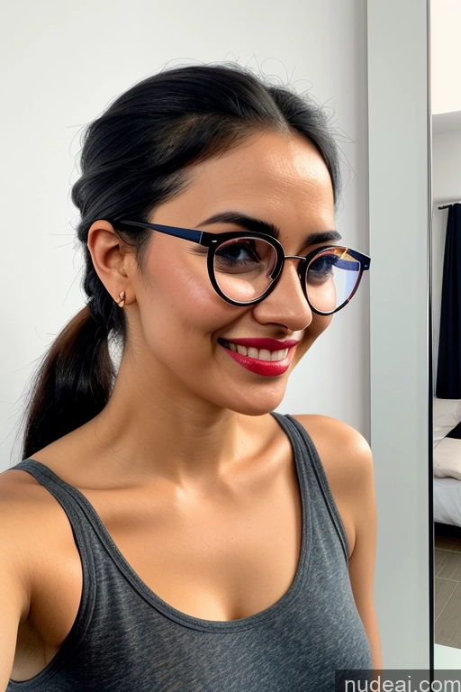 ai nude image of there is a woman wearing glasses and a tank top smiling pics of Woman One Beautiful Tall 20s Happy Black Hair Front View Restaurant Indian Ponytail Glasses Mirror Selfie Skin Detail (beta) Pajamas Tank Top Fairer Skin Perfect Boobs