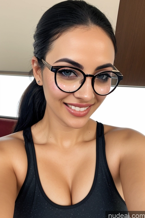 ai nude image of there is a woman wearing glasses and a black top pics of Woman One Beautiful Tall 20s Happy Black Hair Front View Restaurant Indian Ponytail Glasses Mirror Selfie Skin Detail (beta) Pajamas Tank Top Fairer Skin Perfect Boobs