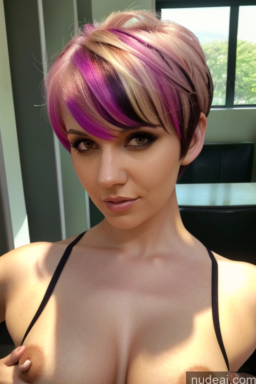 ai nude image of arafed woman with a pink and purple hair posing for a picture pics of Short Hair Egyptian Close-up View Bra Pull Down Shrug Top Nude Rainbow Haired Girl Athlete Perfect Boobs