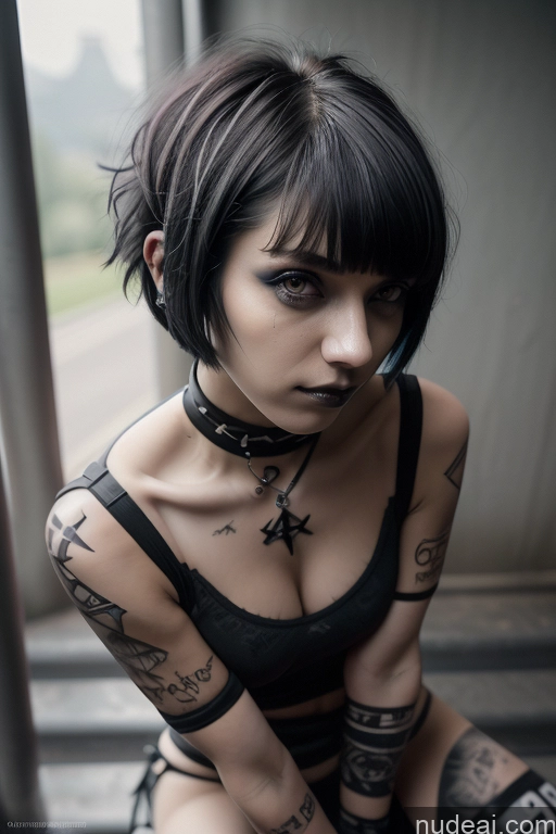 ai nude image of arafed woman with tattoos and a choke sitting on a step pics of Athlete Perfect Boobs Short Hair Egyptian Rainbow Haired Girl Spread Pussy Close-up View Gothic Punk Girl Nude Shrug Top