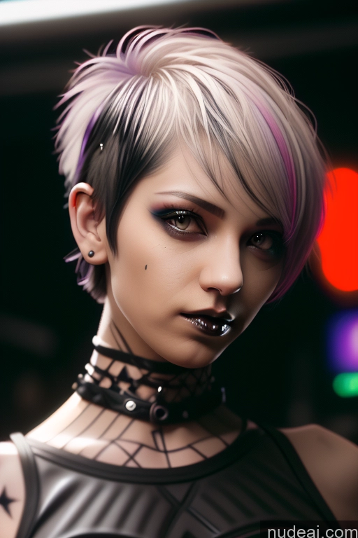 ai nude image of arafed woman with a choke and piercings on her neck pics of Athlete Perfect Boobs Short Hair Egyptian Rainbow Haired Girl Close-up View Gothic Punk Girl Nude Shrug Top Bra Pull Down