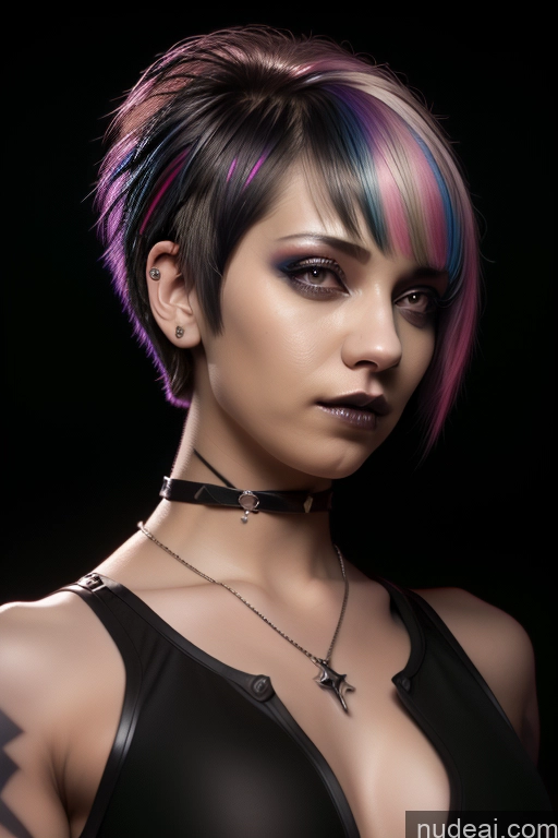 ai nude image of arafed woman with colorful hair and piercings posing for a picture pics of Athlete Perfect Boobs Short Hair Egyptian Rainbow Haired Girl Close-up View Gothic Punk Girl Nude Shrug Top Bra Pull Down