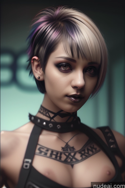 ai nude image of there is a woman with a very short hair and a choker pics of Athlete Perfect Boobs Short Hair Egyptian Rainbow Haired Girl Close-up View Gothic Punk Girl Nude Shrug Top Bra Pull Down