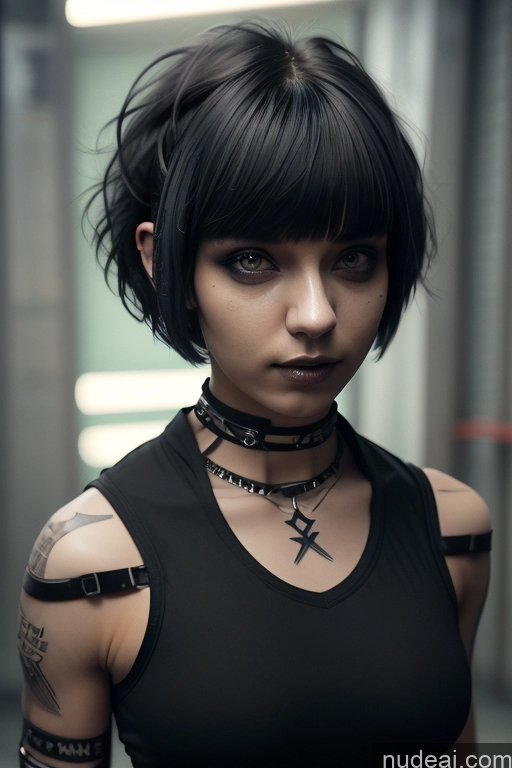 ai nude image of there is a woman with a tattoo on her arm and a choke pics of Athlete Perfect Boobs Short Hair Egyptian Rainbow Haired Girl Close-up View Gothic Punk Girl Nude Shrug Top Straddling