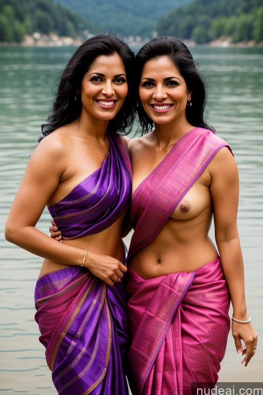 ai nude image of two women in saris posing for a picture by the water pics of Woman Two Small Tits 40s Happy Seductive Sexy Face Black Hair Straight Indian Lake Bathing Sari Satin Scarf Partially Nude