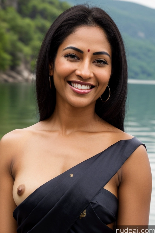 ai nude image of smiling woman in black dress standing in front of a lake pics of Woman Small Tits 40s Happy Seductive Sexy Face Black Hair Straight Indian Lake Bathing Sari Satin Scarf Partially Nude Dark Skin Fairer Skin Pubic Hair One