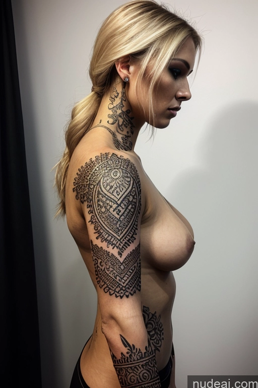 ai nude image of a close up of a woman with a tattoo on her arm pics of Woman One Tattoos 20s Sad Blonde Messy Russian Strip Club Front View T-pose Nude Bdsm Diamond Jewelry Dark Lighting Perfect Boobs Mirror Selfie