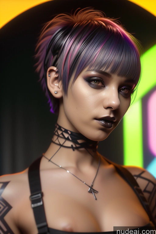 ai nude image of arafed woman with a tattoo on her chest and a choker pics of Athlete Perfect Boobs Short Hair Egyptian Rainbow Haired Girl Close-up View Gothic Punk Girl Nude Shrug Top Bra Pull Down