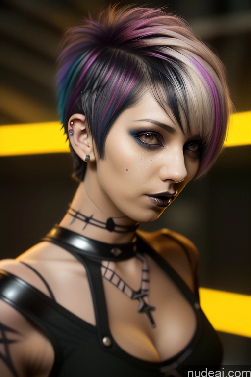 ai nude image of arafed woman with a black top and purple hair and a choke pics of Athlete Perfect Boobs Short Hair Egyptian Rainbow Haired Girl Close-up View Gothic Punk Girl Nude Bra Pull Down 50s Boots