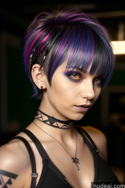 ai nude image of arafed woman with a purple and blue hair and a choker pics of Athlete Perfect Boobs Short Hair Egyptian Rainbow Haired Girl Close-up View Gothic Punk Girl Nude Bra Pull Down 50s Boots