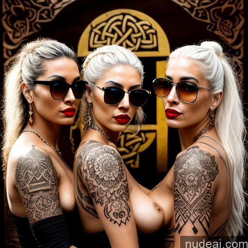 ai nude image of three women with tattoos on their arms and arms pics of Several Woman Sunglasses Tattoos Lipstick Pregnant White Hair Braided 3d Lake Nude Gold Jewelry Detailed Front View Sexy Face 20s German