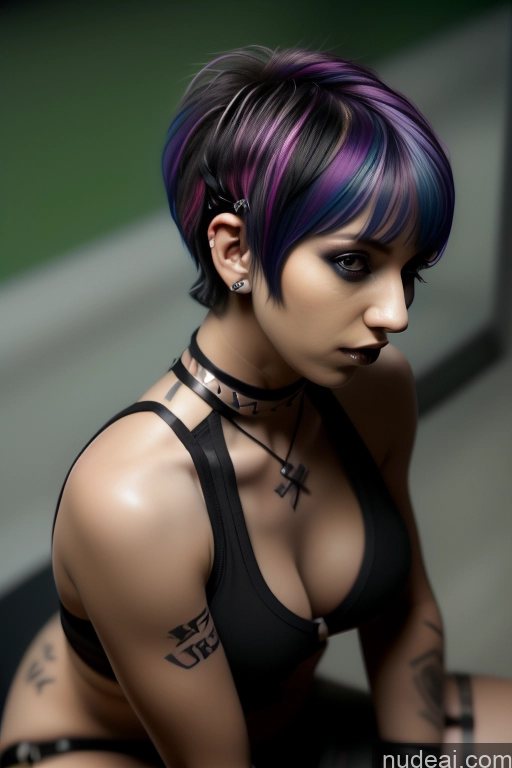 ai nude image of arafed woman with purple and blue hair sitting on a bench pics of Athlete Perfect Boobs Short Hair Egyptian Rainbow Haired Girl Close-up View Gothic Punk Girl Nude Bra Pull Down 50s Boots