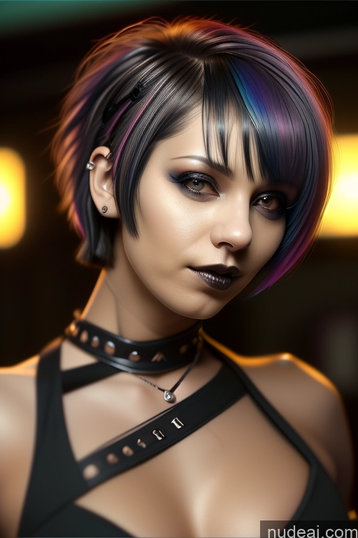 ai nude image of arafed woman with a black top and purple hair posing for a picture pics of Athlete Perfect Boobs Short Hair Egyptian Rainbow Haired Girl Close-up View Gothic Punk Girl Nude Bra Pull Down 50s Boots