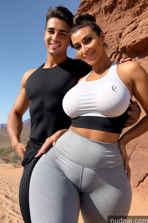 ai nude image of arafed woman in a black top and grey pants standing next to a man pics of Perfect Boobs Woman + Man Two 18 Orgasm Black Hair Hair Bun Arabic Desert Front View Cumshot Yoga Pants