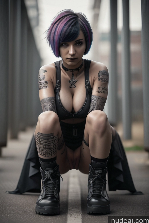 ai nude image of arafed woman with tattoos and a leather jacket crouching down pics of Athlete Perfect Boobs Short Hair Egyptian Rainbow Haired Girl Close-up View Gothic Punk Girl Nude 50s Boots Spread Pussy