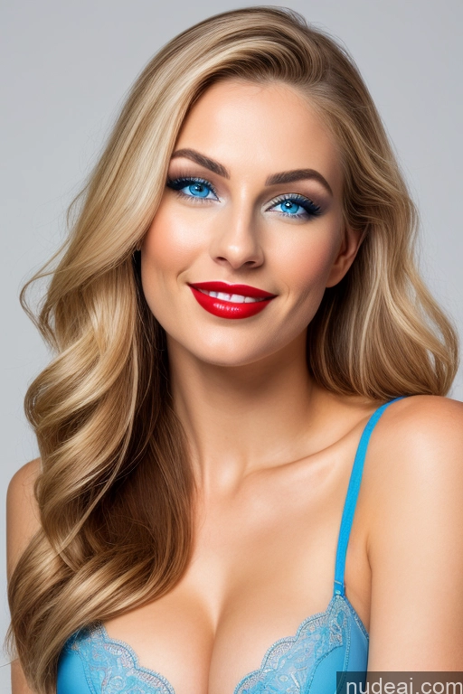 ai nude image of blond woman with blue eyes and red lips posing for a picture pics of One Busty Beautiful Skinny Happy Deep Blue Eyes Lipstick Blonde Russian Snow 18 Bra Perfect Boobs Miss Universe Model