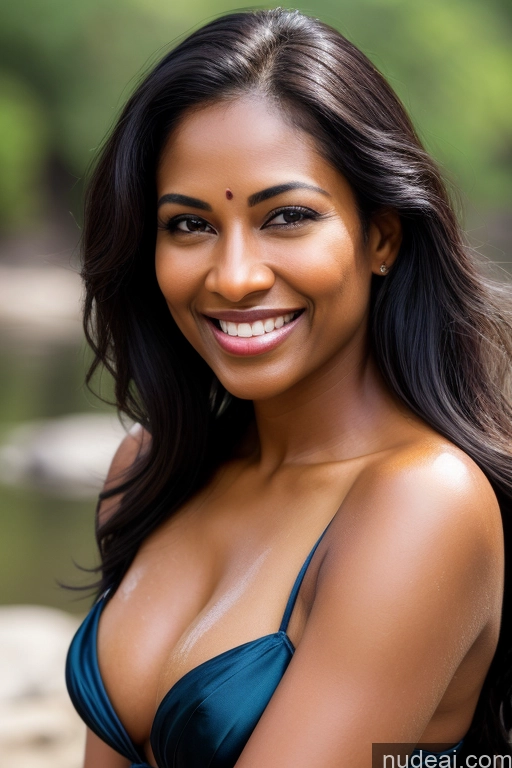 ai nude image of smiling woman in blue dress posing for a picture by a river pics of Partially Nude Sari Satin Bathing Lake Indian Straight Black Hair Sexy Face Seductive Happy 40s Fairer Skin Dark Skin One Woman