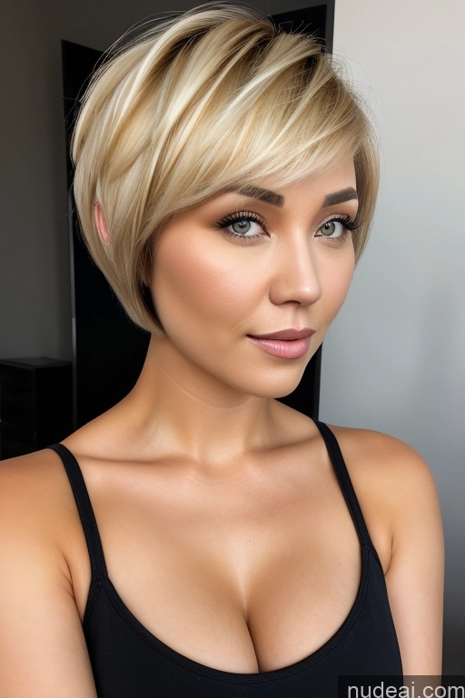 ai nude image of blond woman with short hair and black tank top posing for a picture pics of Mongolian 30s Blonde Thick Busty Short Hair