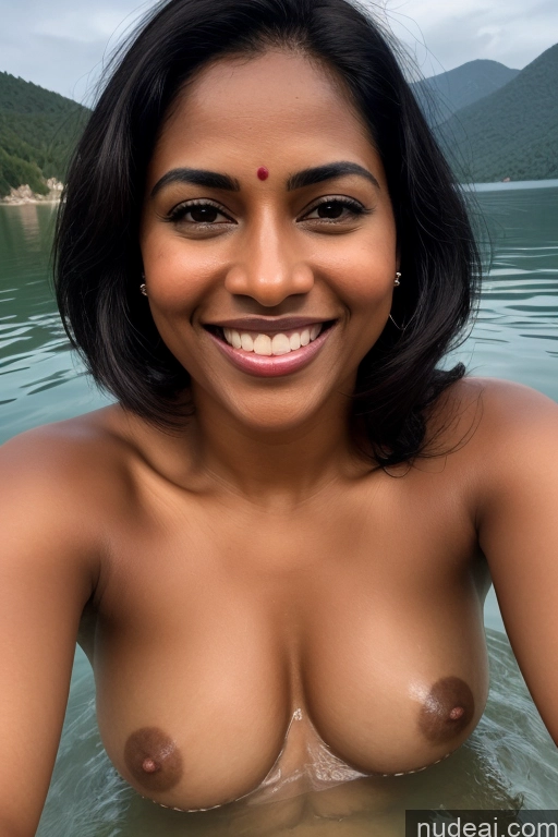 ai nude image of arafed woman with big breast in the water with mountains in the background pics of Woman One Fairer Skin Dark Skin 40s Happy Seductive Sexy Face Black Hair Straight Indian Lake Sari Partially Nude Topless Satin Yoga Pubic Hair