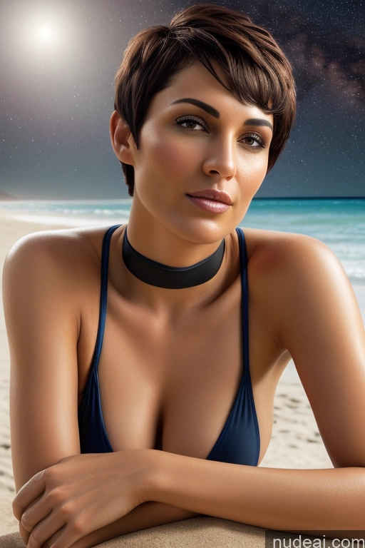 Athlete Short Hair Egyptian Rainbow Haired Girl Close-up View Nude 50s Beach Stargazing Perfect Boobs Choker Straddling