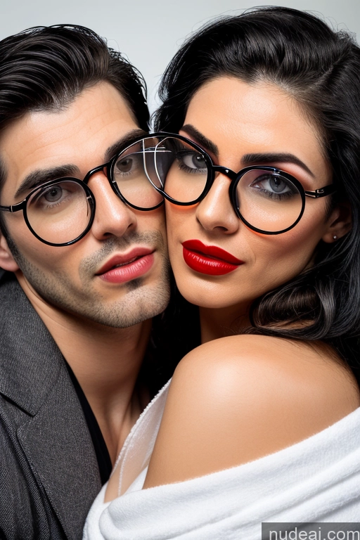 ai nude image of they are posing for a picture with their glasses on pics of Orgasm Perfect Boobs Big Ass 20s White Front View Lipstick Glasses Woman + Man Two Black Hair Straight Skin Detail (beta) Bedroom Cumshot Cleavage Towel