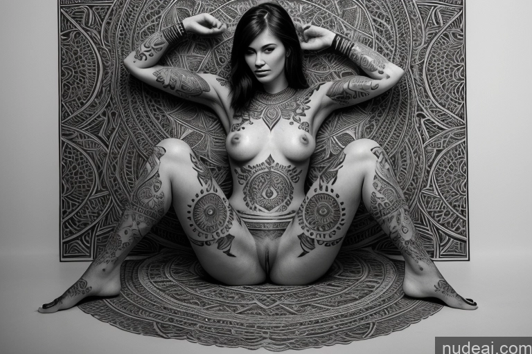 ai nude image of arafed woman with tattoos sitting on a rug in front of a wall pics of Woman Two Tattoos Thick Fairer Skin Big Ass Big Hips Small Tits 18 Ginger Bangs Create An Open Vagina Thigh Socks Nude Detailed Indonesian