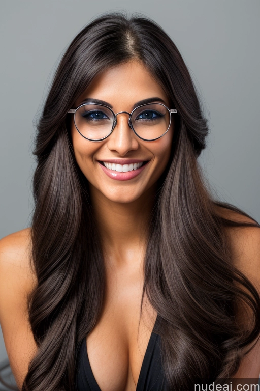 ai nude image of smiling woman with glasses and a black dress posing for a picture pics of Woman One Beautiful Perfect Body Long Hair Black Hair Indian Front View Spreading Legs Glasses Perfect Boobs Fairer Skin 20s Bangs Bathrobe Bathroom Happy