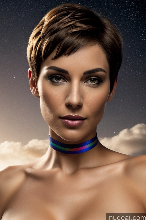 Athlete Short Hair Egyptian Rainbow Haired Girl Close-up View Nude 50s Stargazing Perfect Boobs Choker Straddling