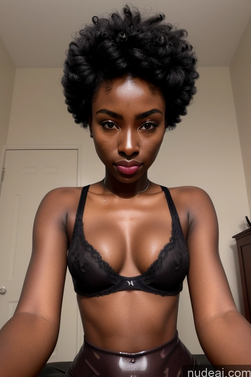 ai nude image of there is a woman in a bra top and leather pants posing for a picture pics of Onoff Alternative Detailed Simple Bright Lighting Tank Top Nude Spreading Legs Front View Bedroom Mirror Selfie African Messy Black Hair Orgasm Seductive Pouting Lips Sexy Face 18 Dark Skin Small Tits Beautiful Small Ass Woman