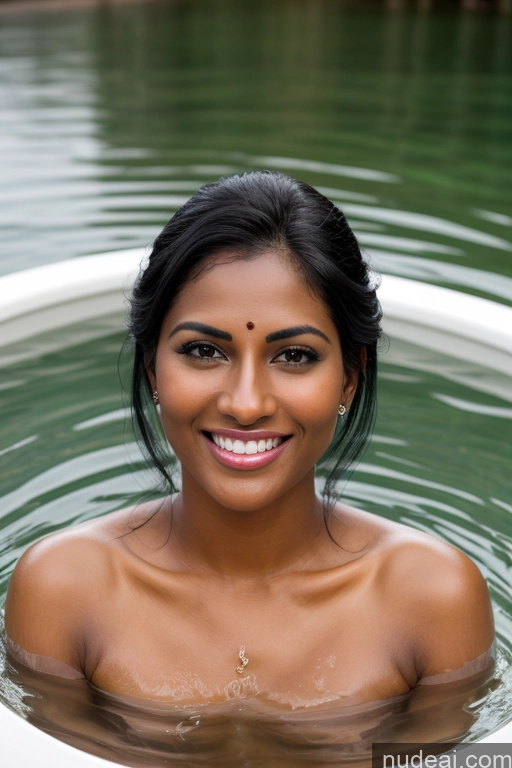 ai nude image of smiling woman in a bathtub with water and green background pics of Model One Fairer Skin Dark Skin Happy Seductive Sexy Face Black Hair Straight Indian Lake Sari Satin Bathing 30s