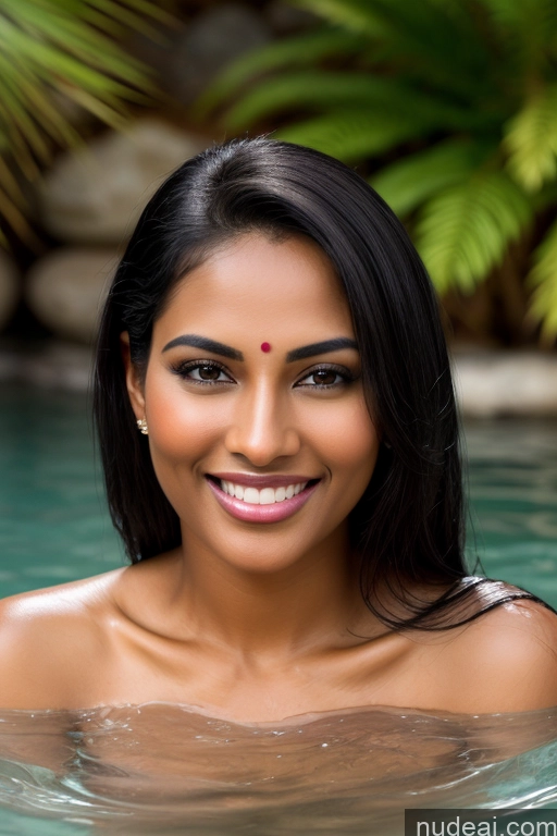 ai nude image of smiling woman in a pool with a smile on her face pics of Model One Fairer Skin Dark Skin Happy Seductive Sexy Face Black Hair Straight Indian Lake Sari Satin Bathing 30s