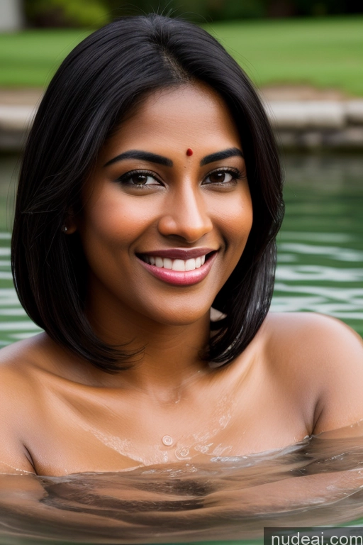 ai nude image of smiling woman in the water with a red flower in her hair pics of Model One Fairer Skin Dark Skin Happy Seductive Sexy Face Black Hair Straight Indian Lake Sari Satin Bathing 30s